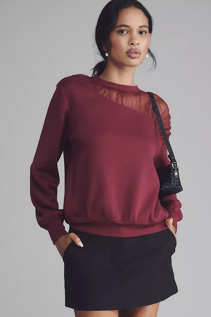 Maeve Anthropologie Sheer Shoulder Pullover Sweatshirt Beetroot Size Large
